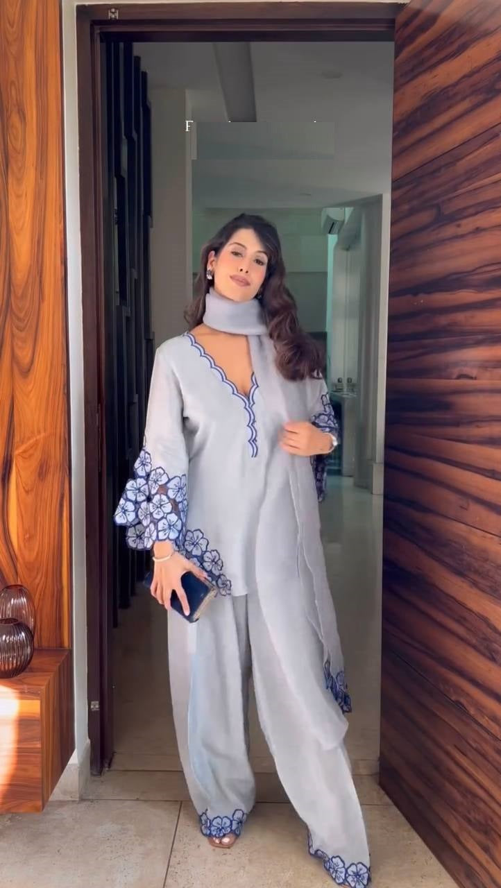 Wedding Wear Off White Color Pure Natural Crepe With Embroidery Work Palazzo Suit