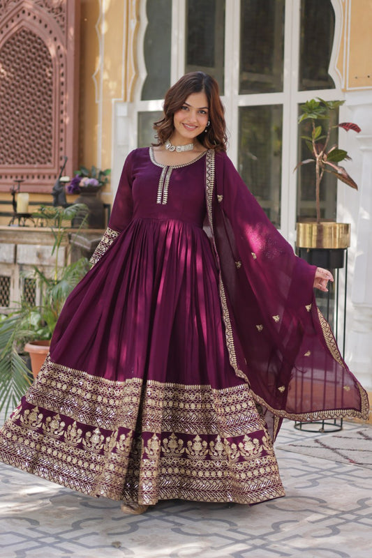 Stunning Wine Color Shimmer Vichitra With Rich Sequins Embroidered Work Designer Gown
