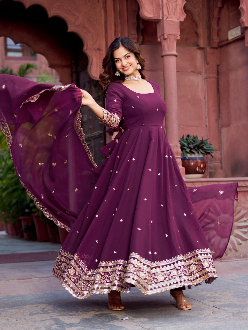 Classic WIne Color Faux Georgette Thread With Sequence Work Gown