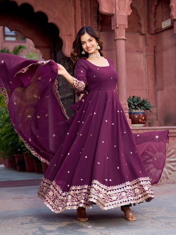 Classic WIne Color Faux Georgette Thread With Sequence Work Gown