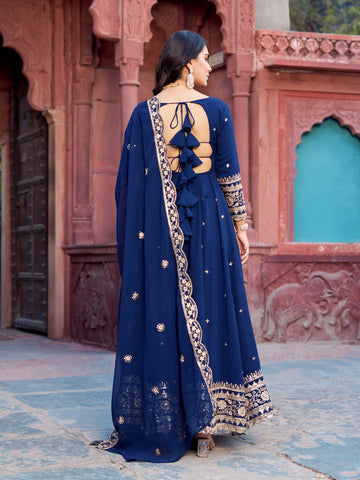 Classic Navy Color Faux Georgette Thread With Sequence Work Gown