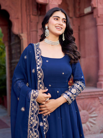 Classic Navy Color Faux Georgette Thread With Sequence Work Gown