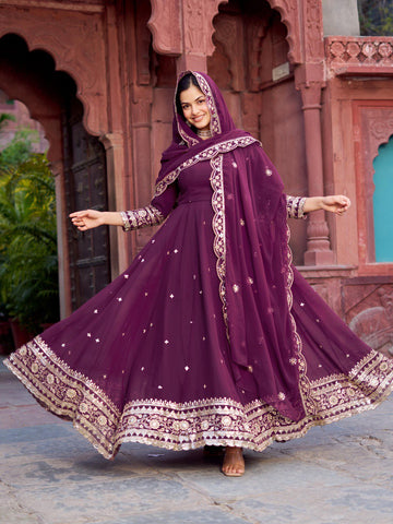 Classic WIne Color Faux Georgette Thread With Sequence Work Gown