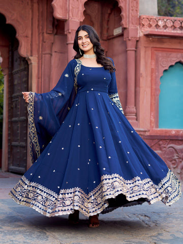 Classic Navy Color Faux Georgette Thread With Sequence Work Gown