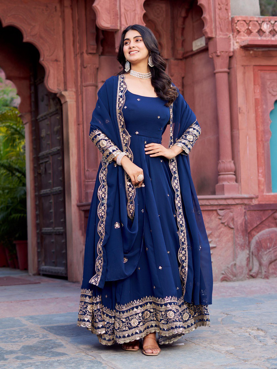 Classic Navy Color Faux Georgette Thread With Sequence Work Gown
