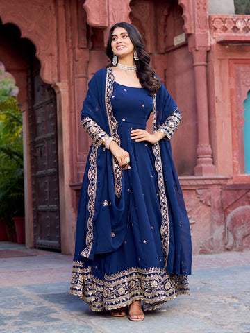 Classic Navy Color Faux Georgette Thread With Sequence Work Gown