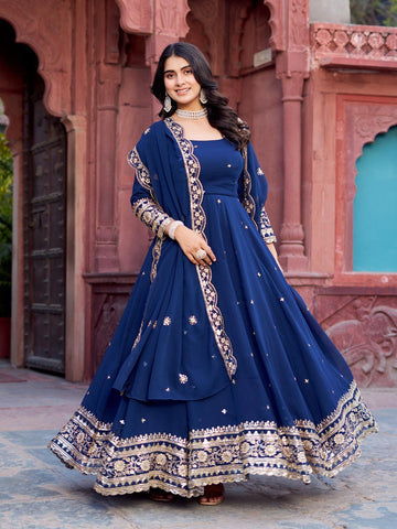 Classic Navy Color Faux Georgette Thread With Sequence Work Gown