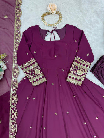 Classic WIne Color Faux Georgette Thread With Sequence Work Gown