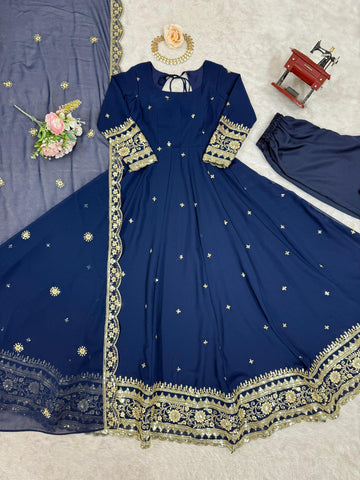 Classic Navy Color Faux Georgette Thread With Sequence Work Gown