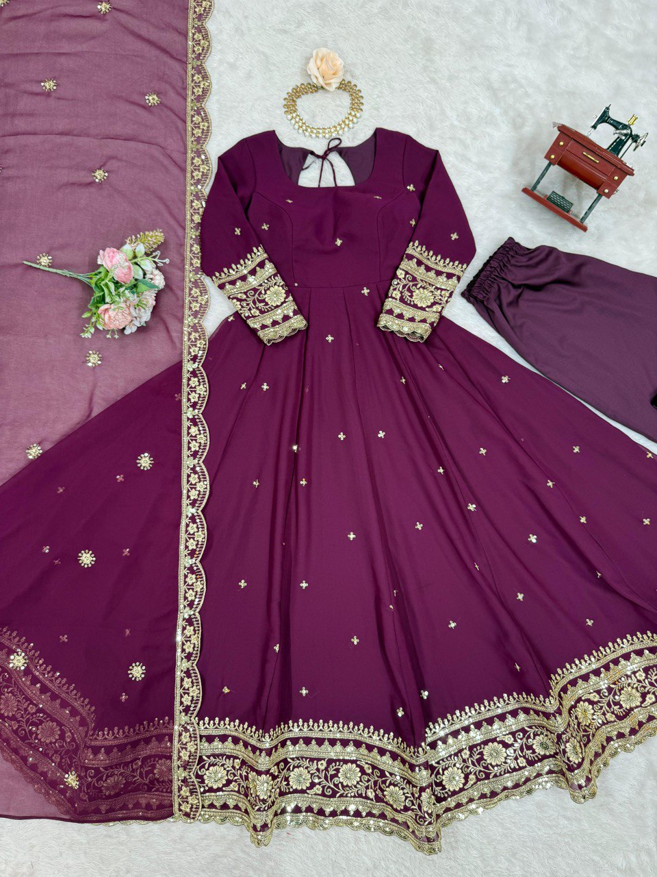 Classic WIne Color Faux Georgette Thread With Sequence Work Gown