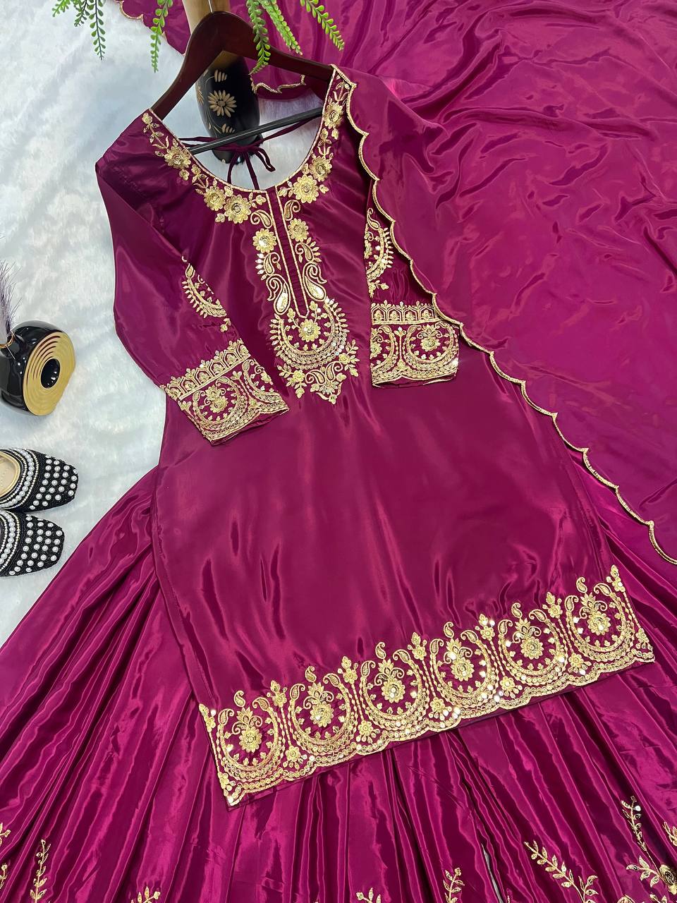 Celebrity Style Wine Color Pure Heavy Natural Crep Silk With Heavy Embroidery Work Sharara Suit