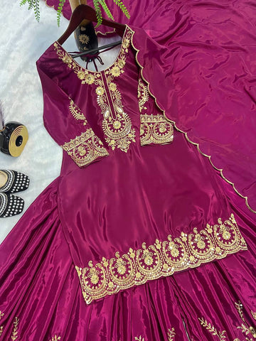 Celebrity Style Wine Color Pure Heavy Natural Crep Silk With Heavy Embroidery Work Sharara Suit