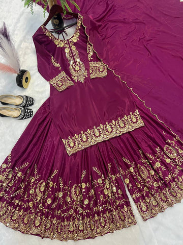 Celebrity Style Wine Color Pure Heavy Natural Crep Silk With Heavy Embroidery Work Sharara Suit