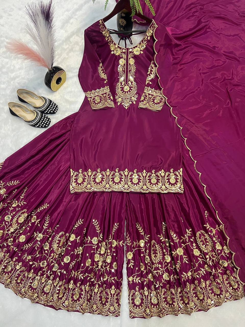 Celebrity Style Wine Color Pure Heavy Natural Crep Silk With Heavy Embroidery Work Sharara Suit