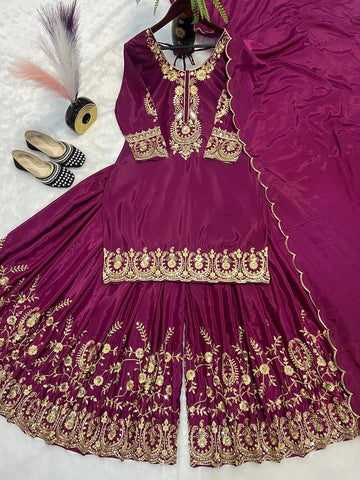 Celebrity Style Wine Color Pure Heavy Natural Crep Silk With Heavy Embroidery Work Sharara Suit