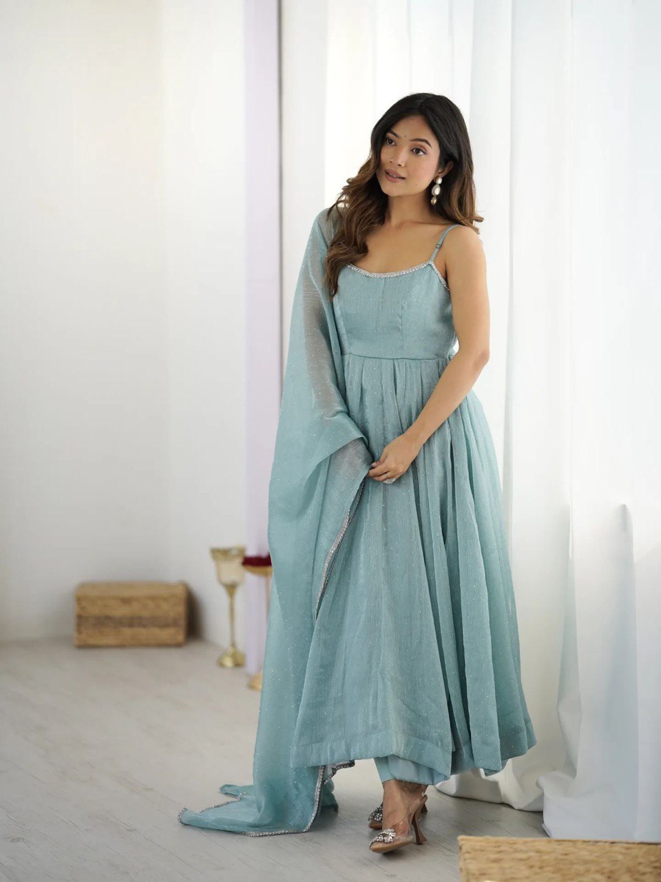 Ceremony Wear Sky Blue Crunch Silk And Hot fixing Work Designer Gown