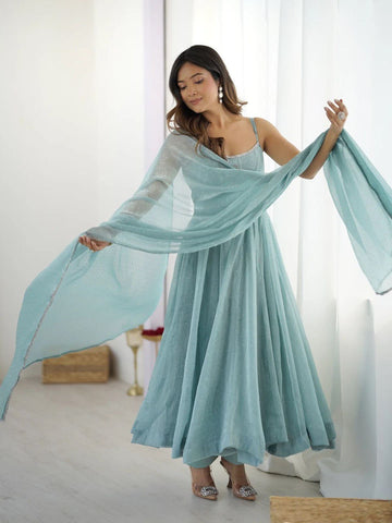 Ceremony Wear Sky Blue Crunch Silk And Hot fixing Work Designer Gown