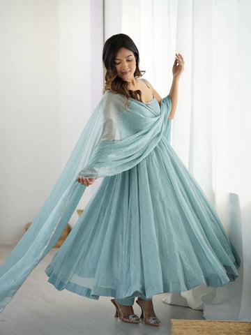 Ceremony Wear Sky Blue Crunch Silk And Hot fixing Work Designer Gown