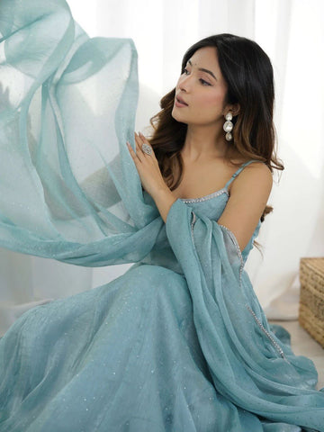 Ceremony Wear Sky Blue Crunch Silk And Hot fixing Work Designer Gown