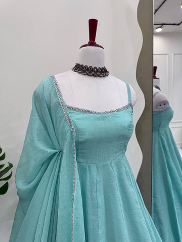 Ceremony Wear Sky Blue Crunch Silk And Hot fixing Work Designer Gown
