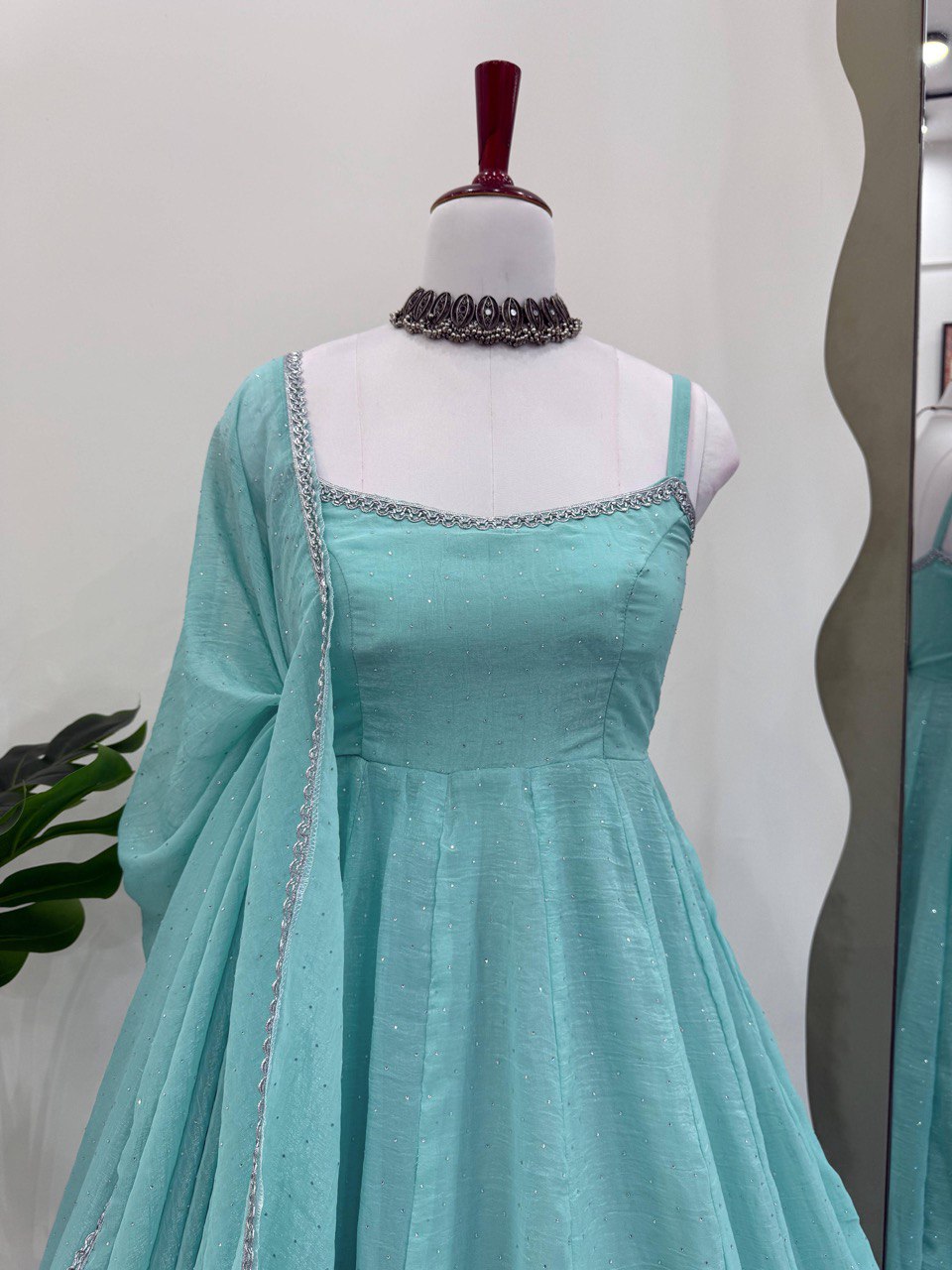 Ceremony Wear Sky Blue Crunch Silk And Hot fixing Work Designer Gown