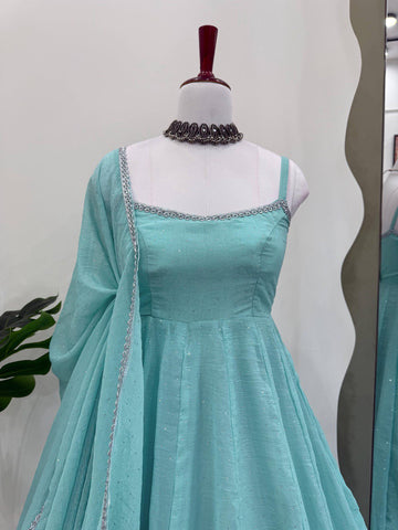 Ceremony Wear Sky Blue Crunch Silk And Hot fixing Work Designer Gown