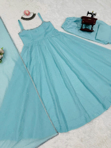 Ceremony Wear Sky Blue Crunch Silk And Hot fixing Work Designer Gown