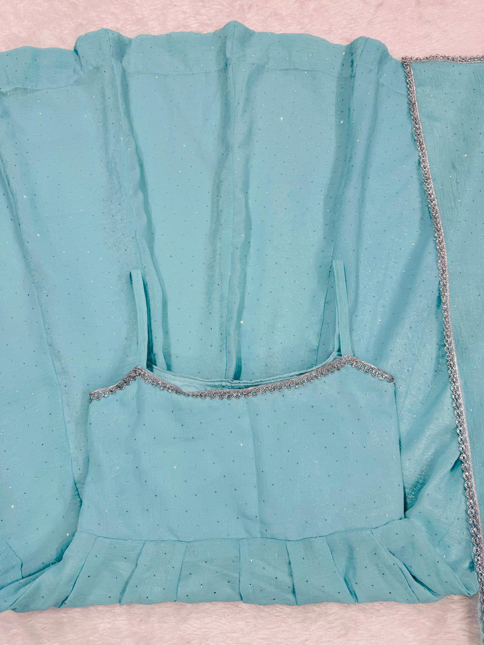Ceremony Wear Sky Blue Crunch Silk And Hot fixing Work Designer Gown