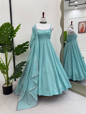 Ceremony Wear Sky Blue Crunch Silk And Hot fixing Work Designer Gown