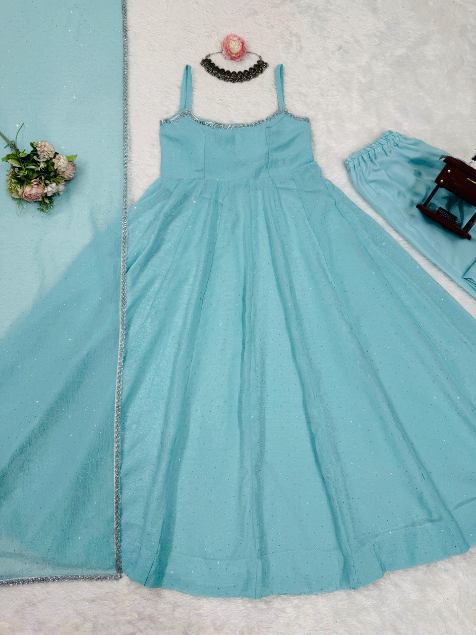 Ceremony Wear Sky Blue Crunch Silk And Hot fixing Work Designer Gown