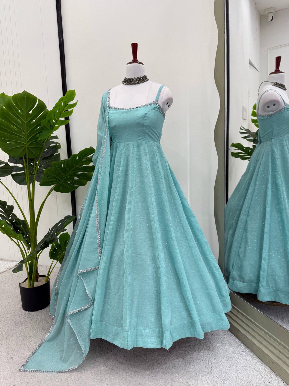 Ceremony Wear Sky Blue Crunch Silk And Hot fixing Work Designer Gown