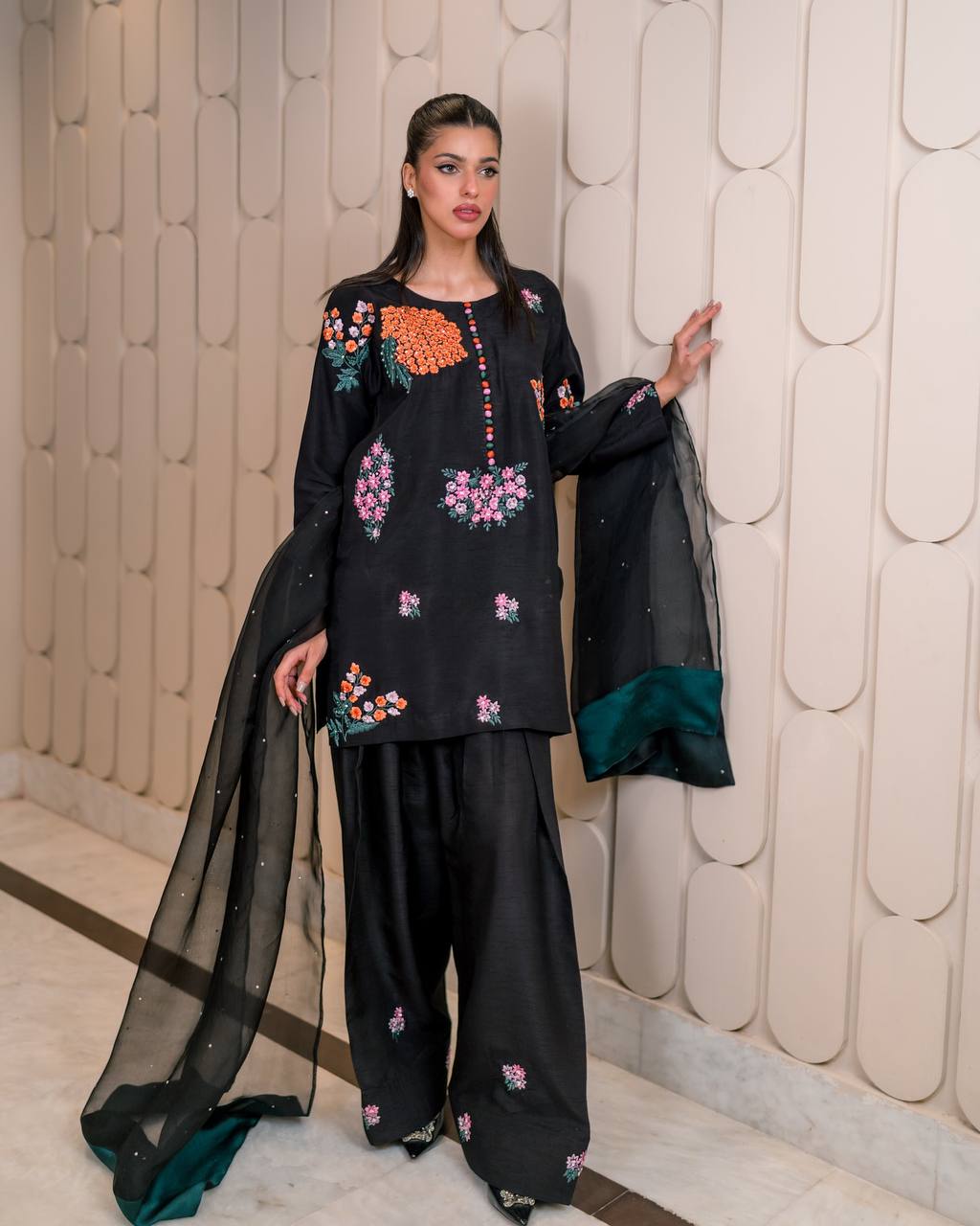 Fabulous Black Color Pure Natural Crep Silk With Embroidery Sequence Work Palazzo Suit