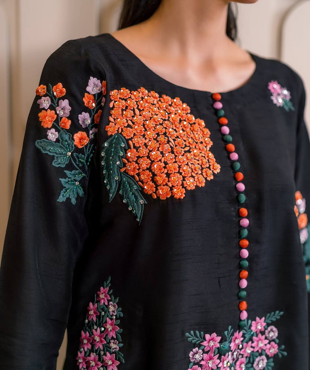 Fabulous Black Color Pure Natural Crep Silk With Embroidery Sequence Work Palazzo Suit