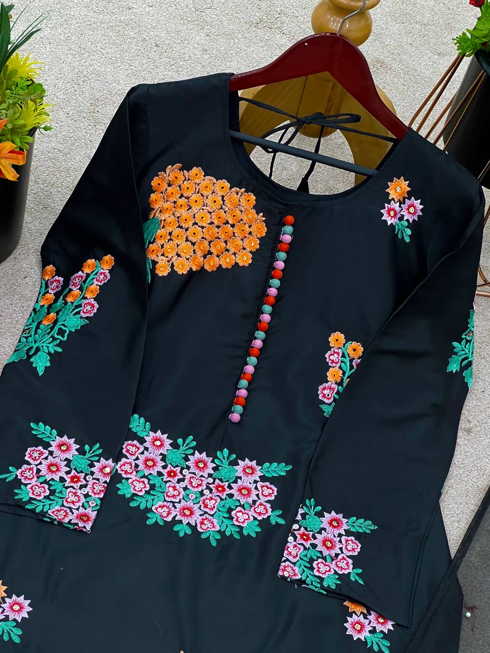 Fabulous Black Color Pure Natural Crep Silk With Embroidery Sequence Work Palazzo Suit