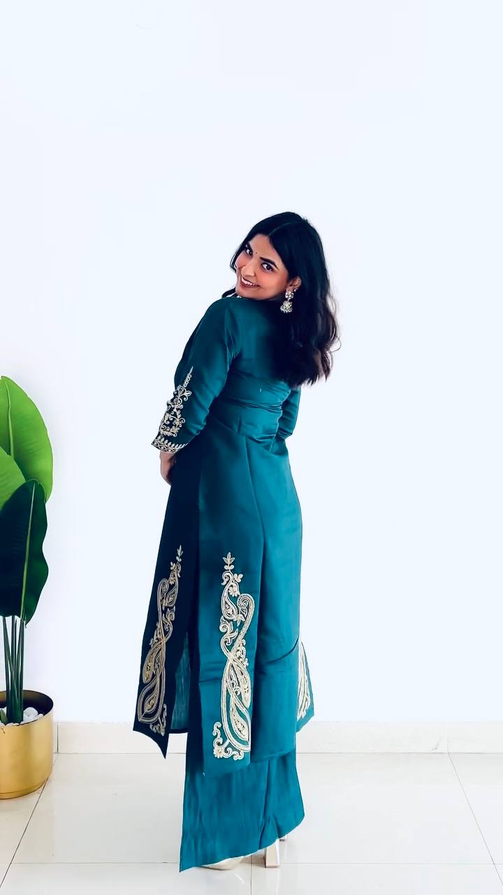 Engagement Wear Teal Blue Color Heavy Roman Silk Embroidry Work Designer Palazzo Suit