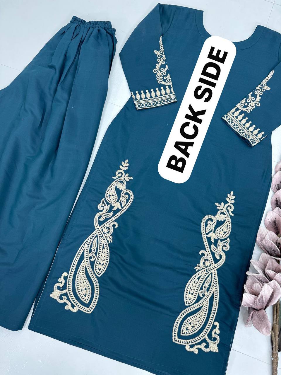 Engagement Wear Teal Blue Color Heavy Roman Silk Embroidry Work Designer Palazzo Suit