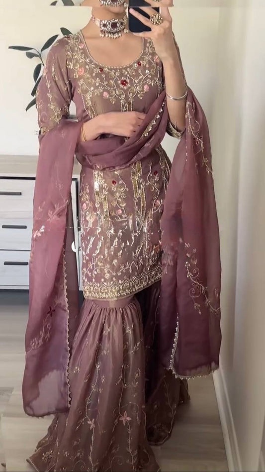 Party Wear Dusty Pink Pure Heavy Simmer Silk With Embroidery Sequence Work Sharara Suit