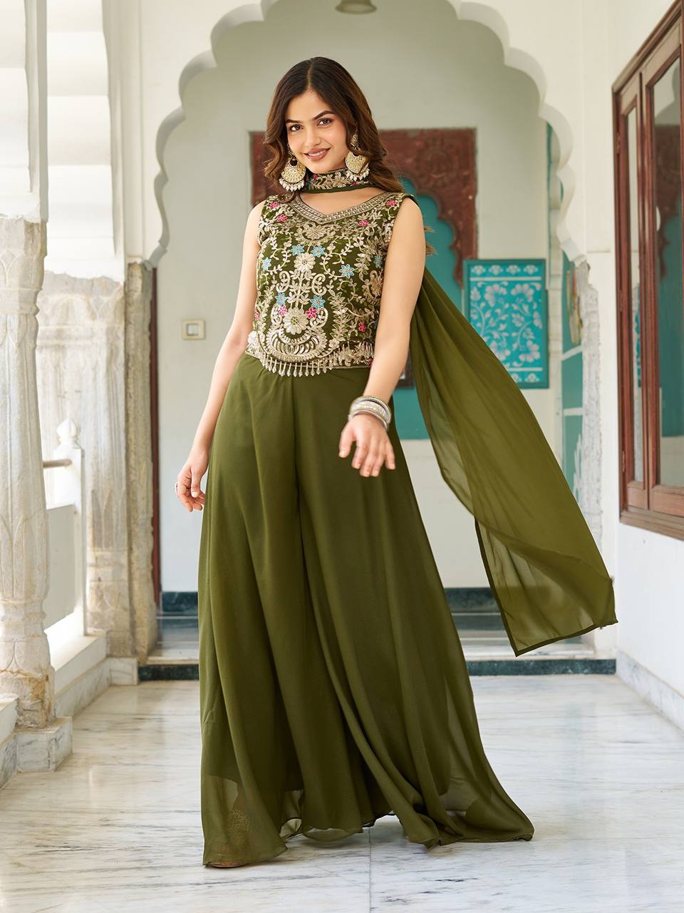 Wedding Wear Mahendi Green Star Georgette And Cording Sequence Work Palazzo Suit