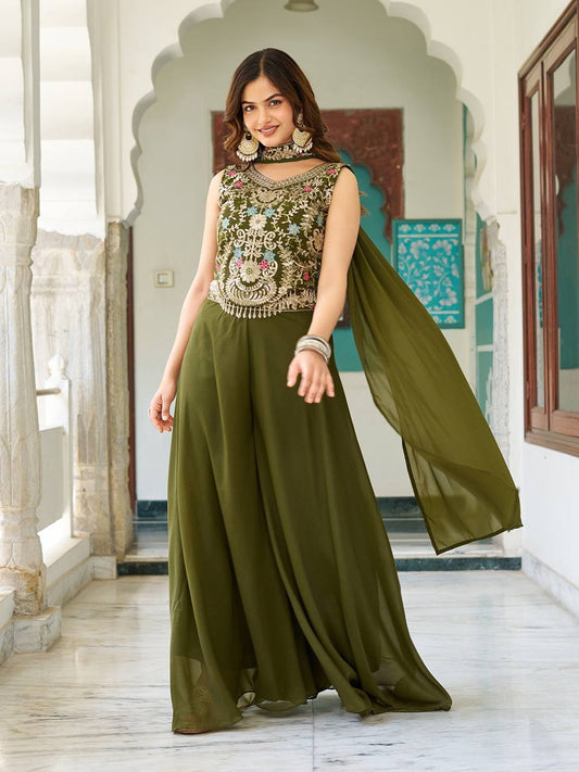 Wedding Wear Mahendi Green Star Georgette And Cording Sequence Work Palazzo Suit