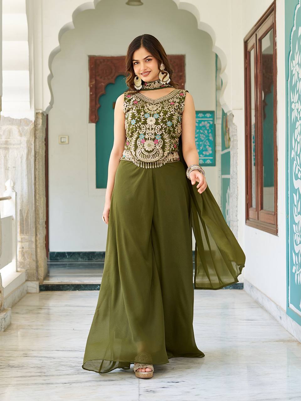 Wedding Wear Mahendi Green Star Georgette And Cording Sequence Work Palazzo Suit