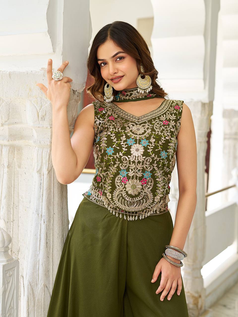 Wedding Wear Mahendi Green Star Georgette And Cording Sequence Work Palazzo Suit
