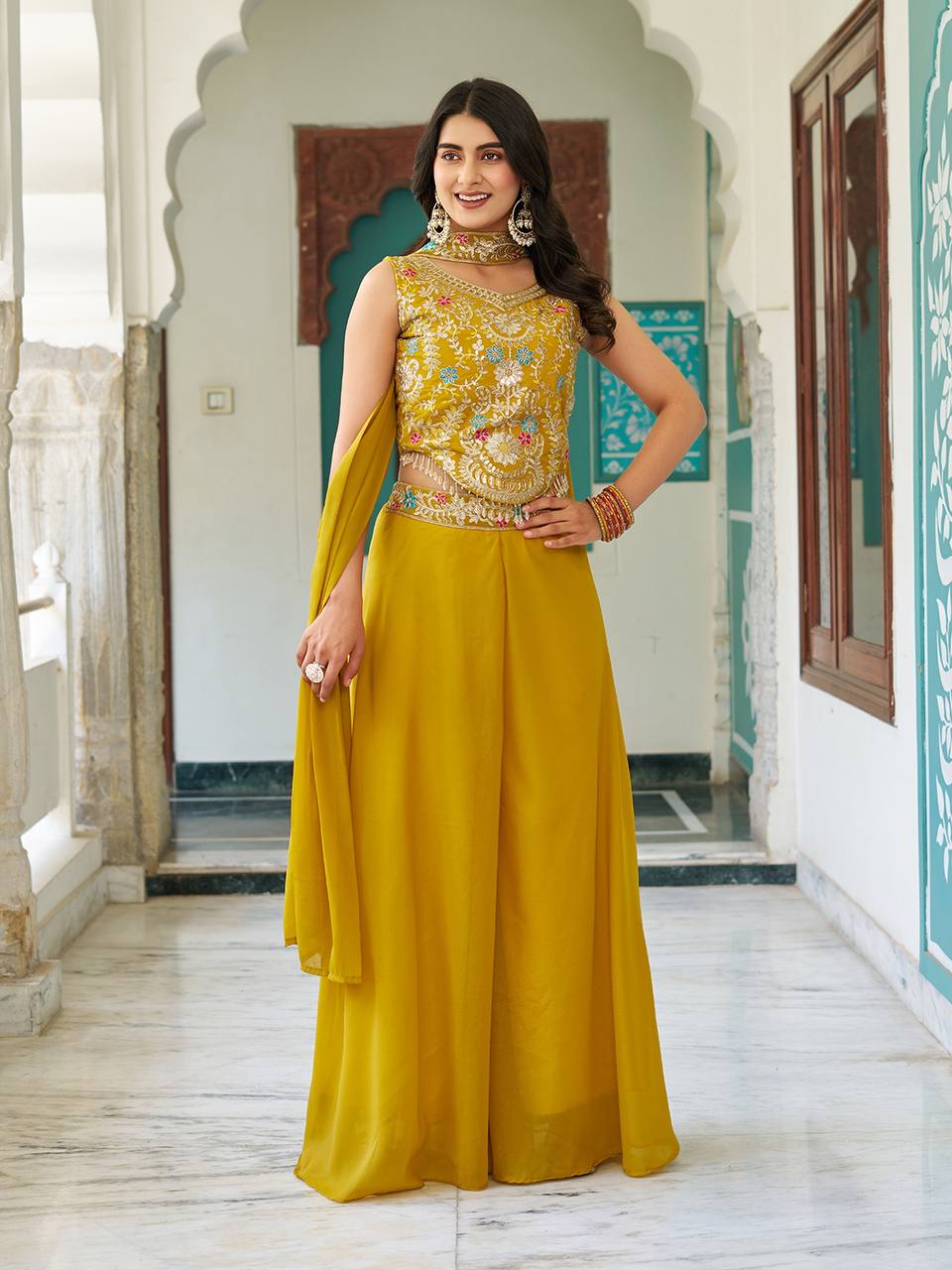 Haldi Special Yellow Star Georgette And Cording Sequence Work Palazzo Suit