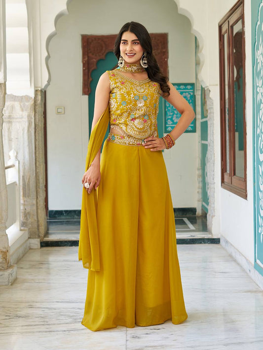 Haldi Special Yellow Star Georgette And Cording Sequence Work Palazzo Suit