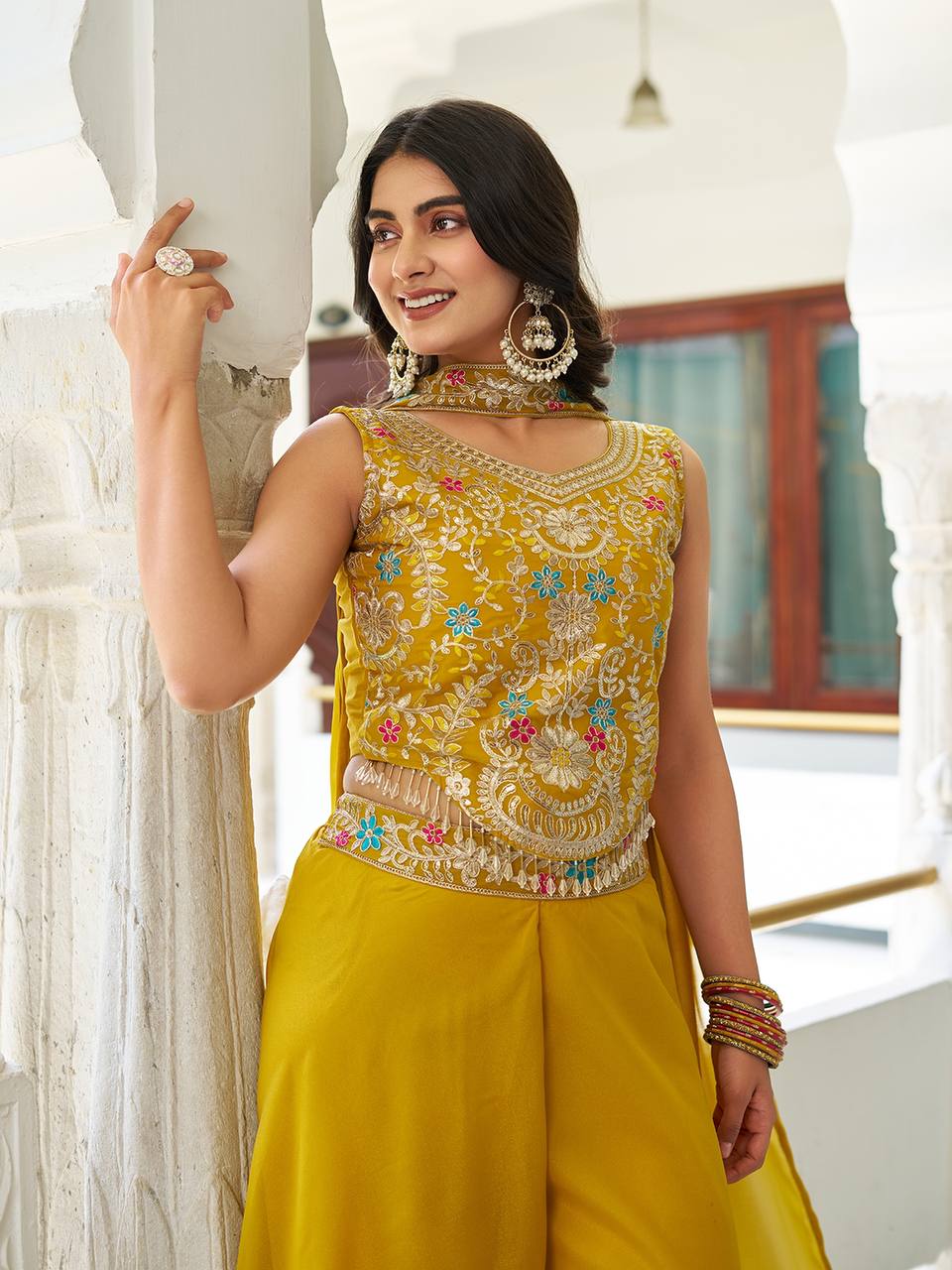 Haldi Special Yellow Star Georgette And Cording Sequence Work Palazzo Suit
