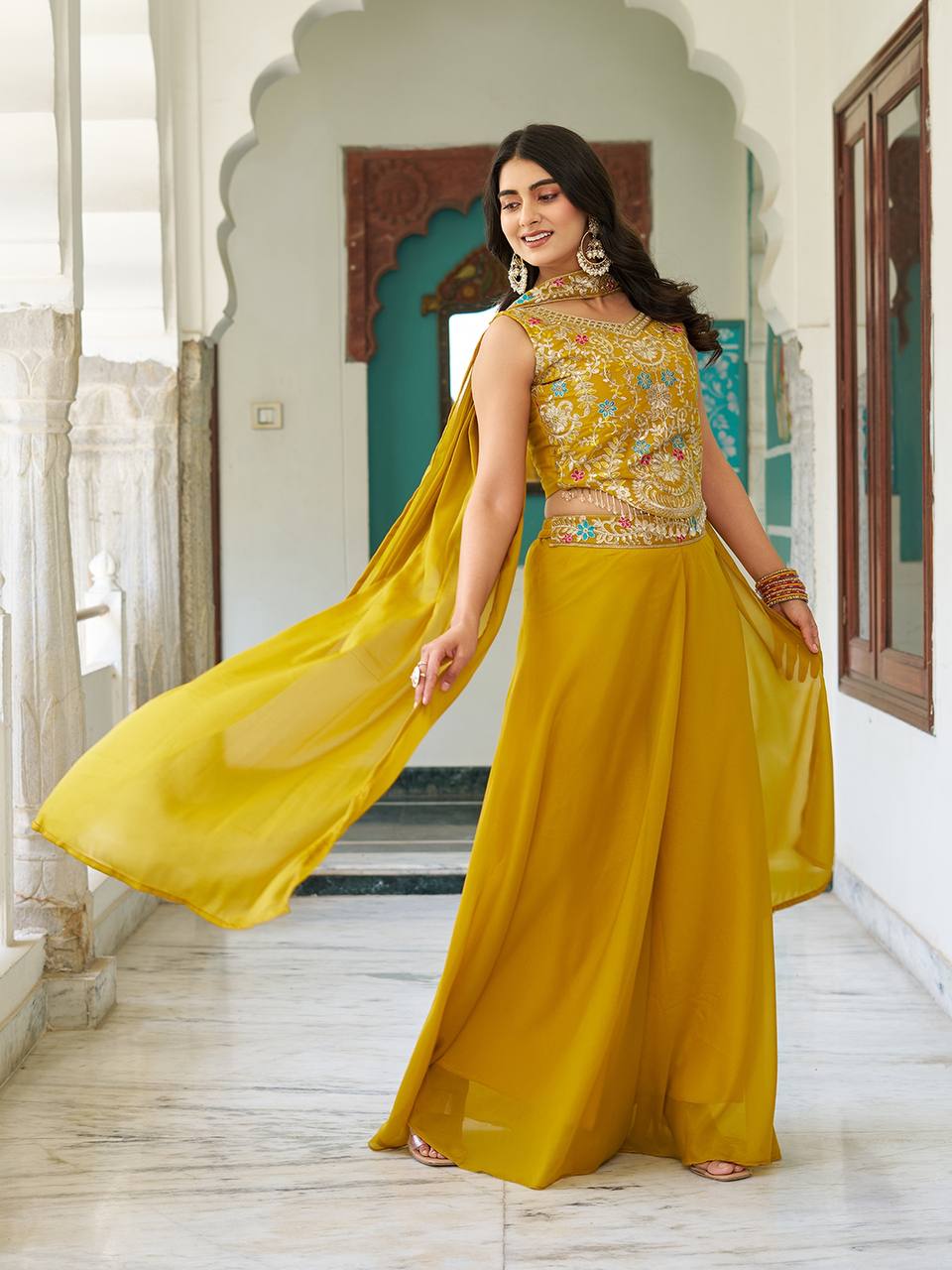 Haldi Special Yellow Star Georgette And Cording Sequence Work Palazzo Suit