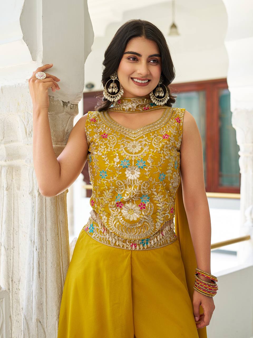 Haldi Special Yellow Star Georgette And Cording Sequence Work Palazzo Suit