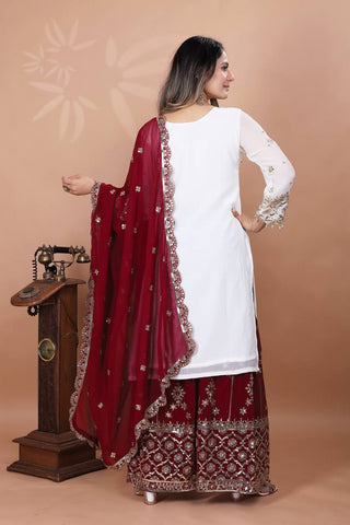 Party Wear Maroon Color Heavy Faux Georgette With Embroidery Sequence Work Sharara Suit