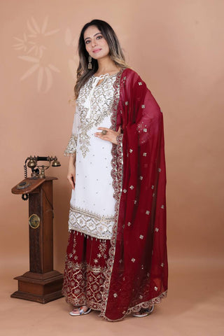 Party Wear Maroon Color Heavy Faux Georgette With Embroidery Sequence Work Sharara Suit
