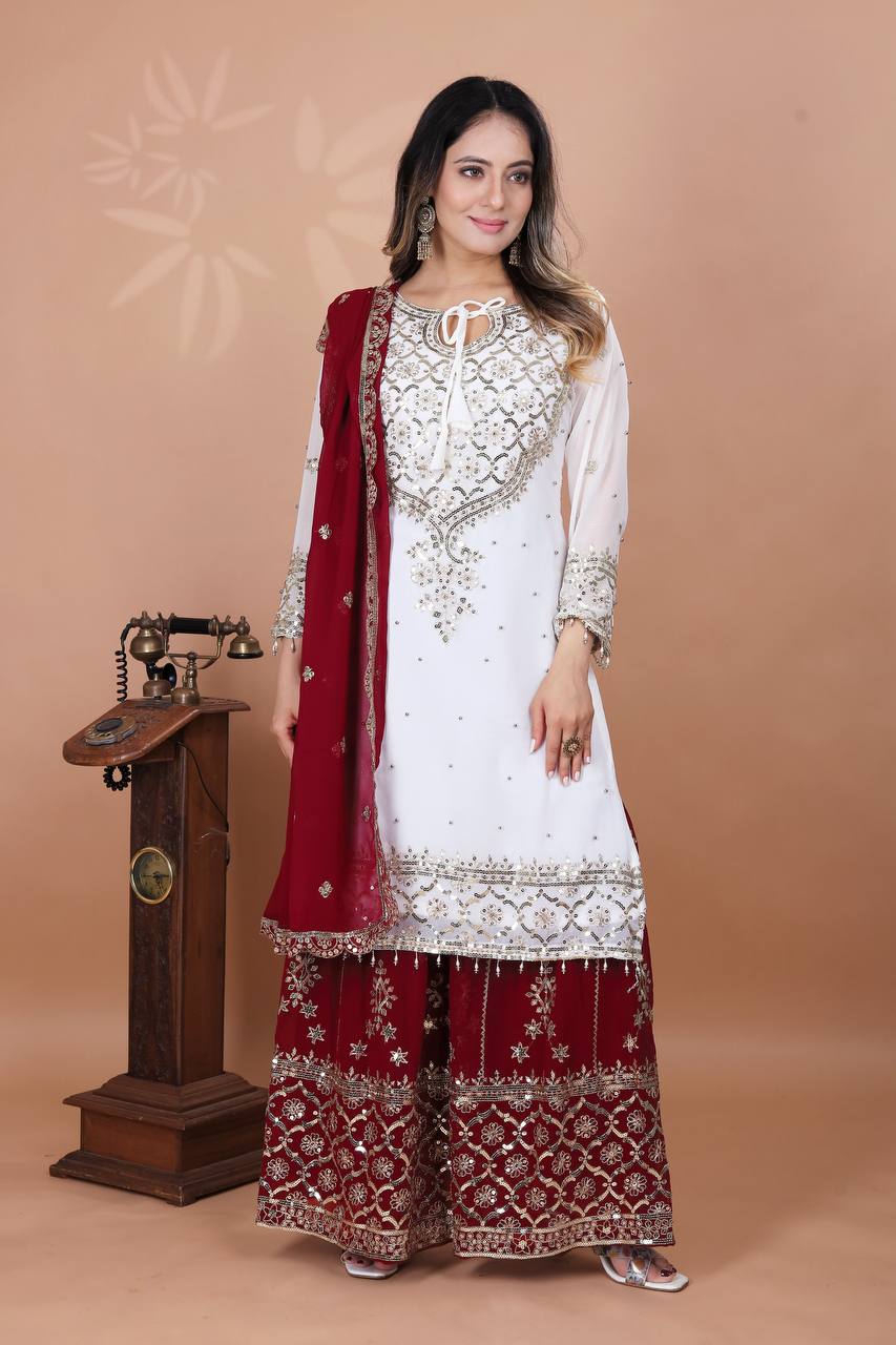 Party Wear Maroon Color Heavy Faux Georgette With Embroidery Sequence Work Sharara Suit