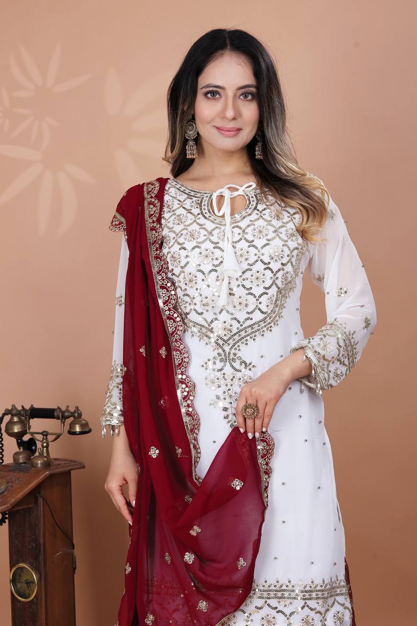 Party Wear Maroon Color Heavy Faux Georgette With Embroidery Sequence Work Sharara Suit